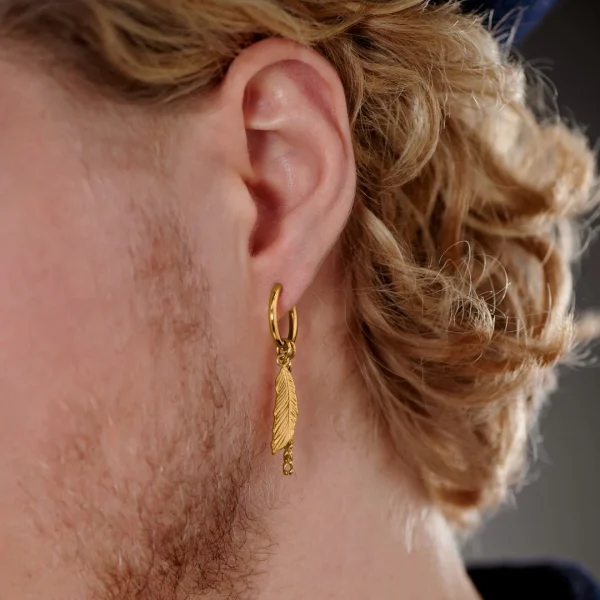 online boutique Lucleon Boucle D’oreille En Acier Doré Avec Pendentifs Plumes Et Chaîne 4